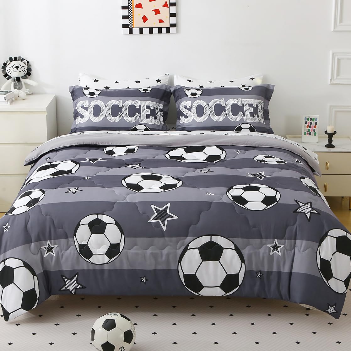 Gusuhome Boys Sports 7 Piece Soccer Comforter Set Full Size 3D Football Playground Bedding Set for Kids Bed Set Gray(Comforter,Flat Sheet,Fitted Sheet and Pillow Sham)