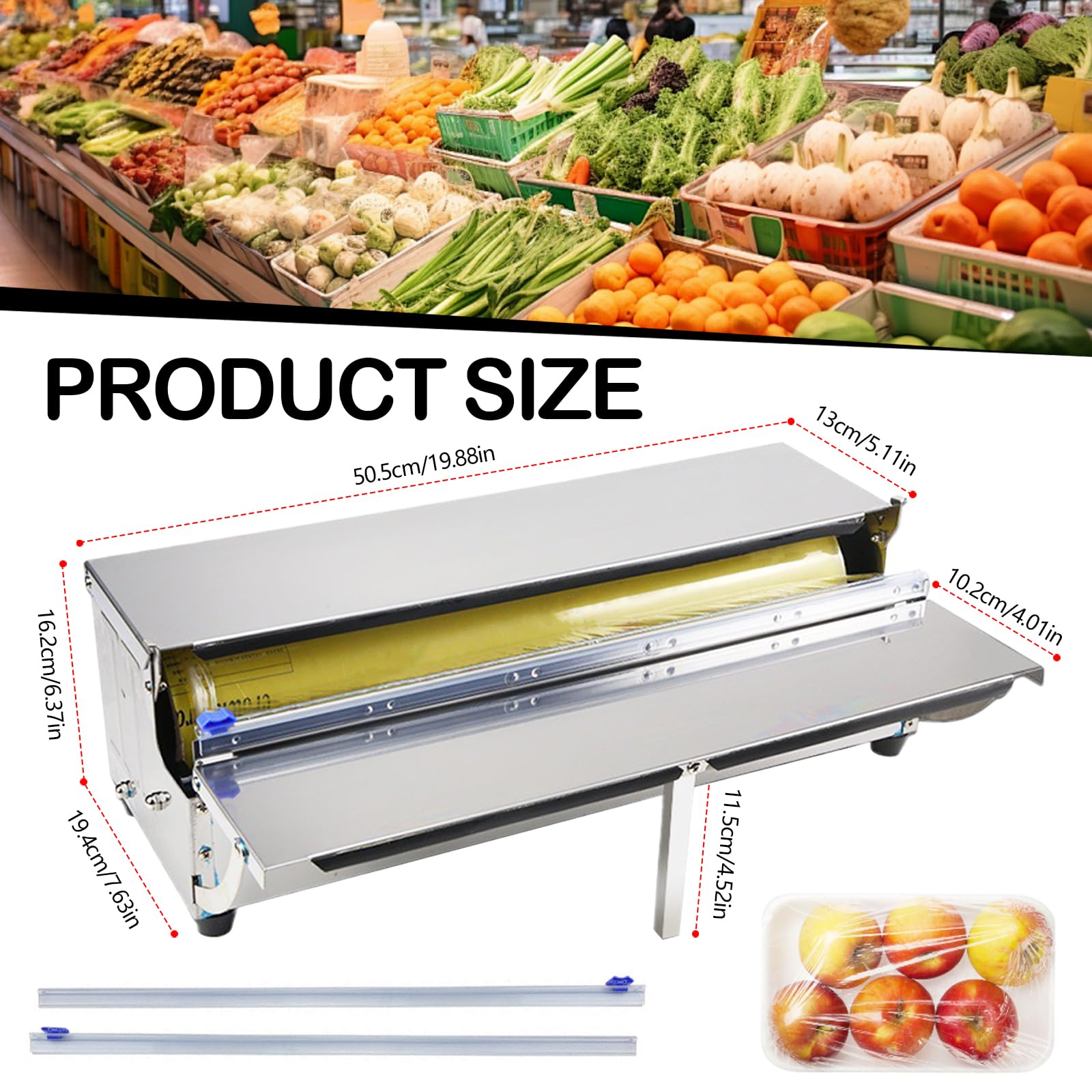 Distributeur De Film, 450 Mm Acier Inoxydable Distributeur De Film Alimentaire Distributeur De Film Pliable avec 2 Lames De Rechange pour Aliments Frais dans Les SupermarchéS Machine d'emballage