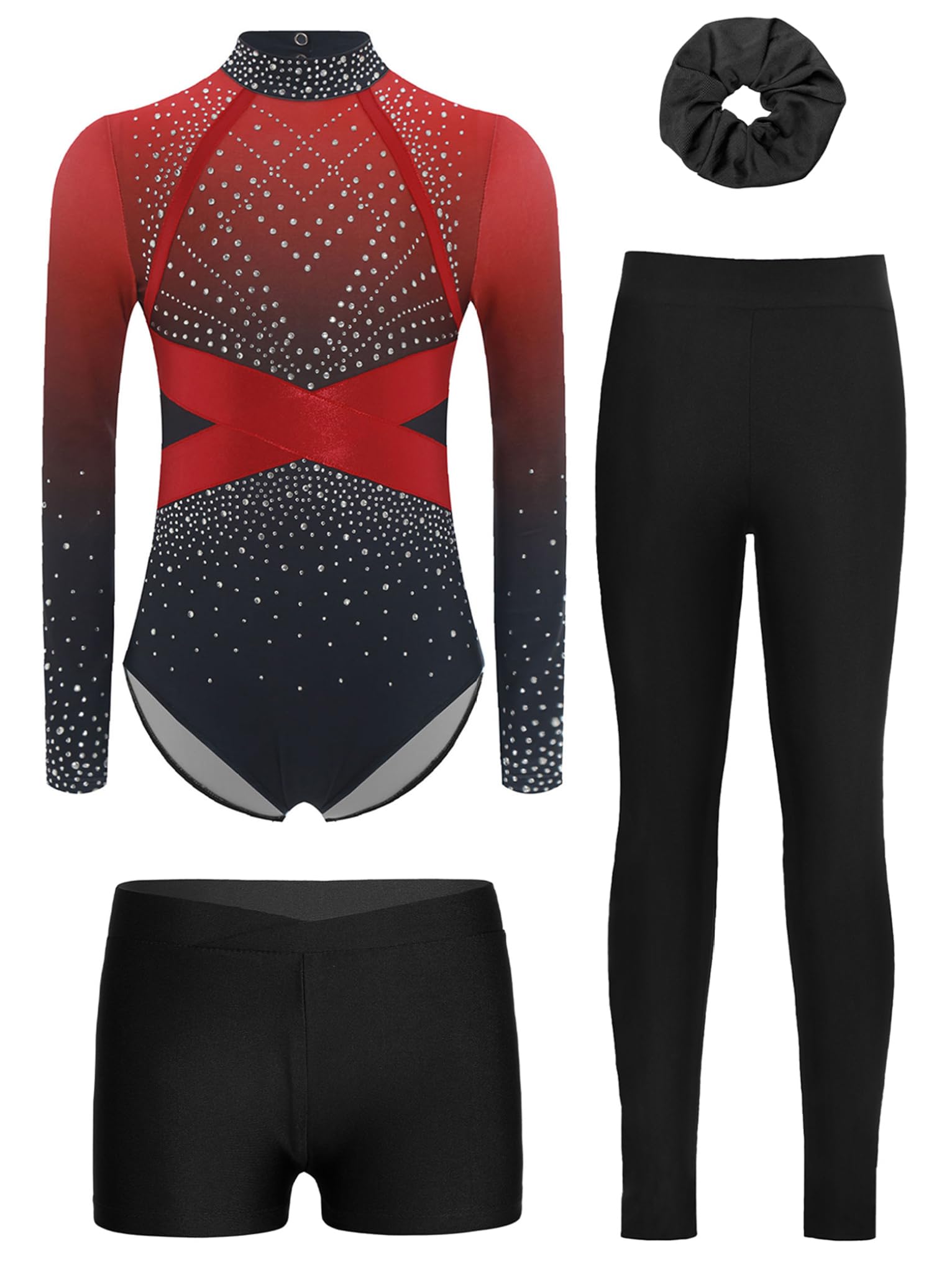 Mufeng 4 Stück Mädchen Turnanzug Glitzer Gymnastikanzug Langarm Gymnastik Leotard Tanzanzug Wettbewerb Tanzkostüm