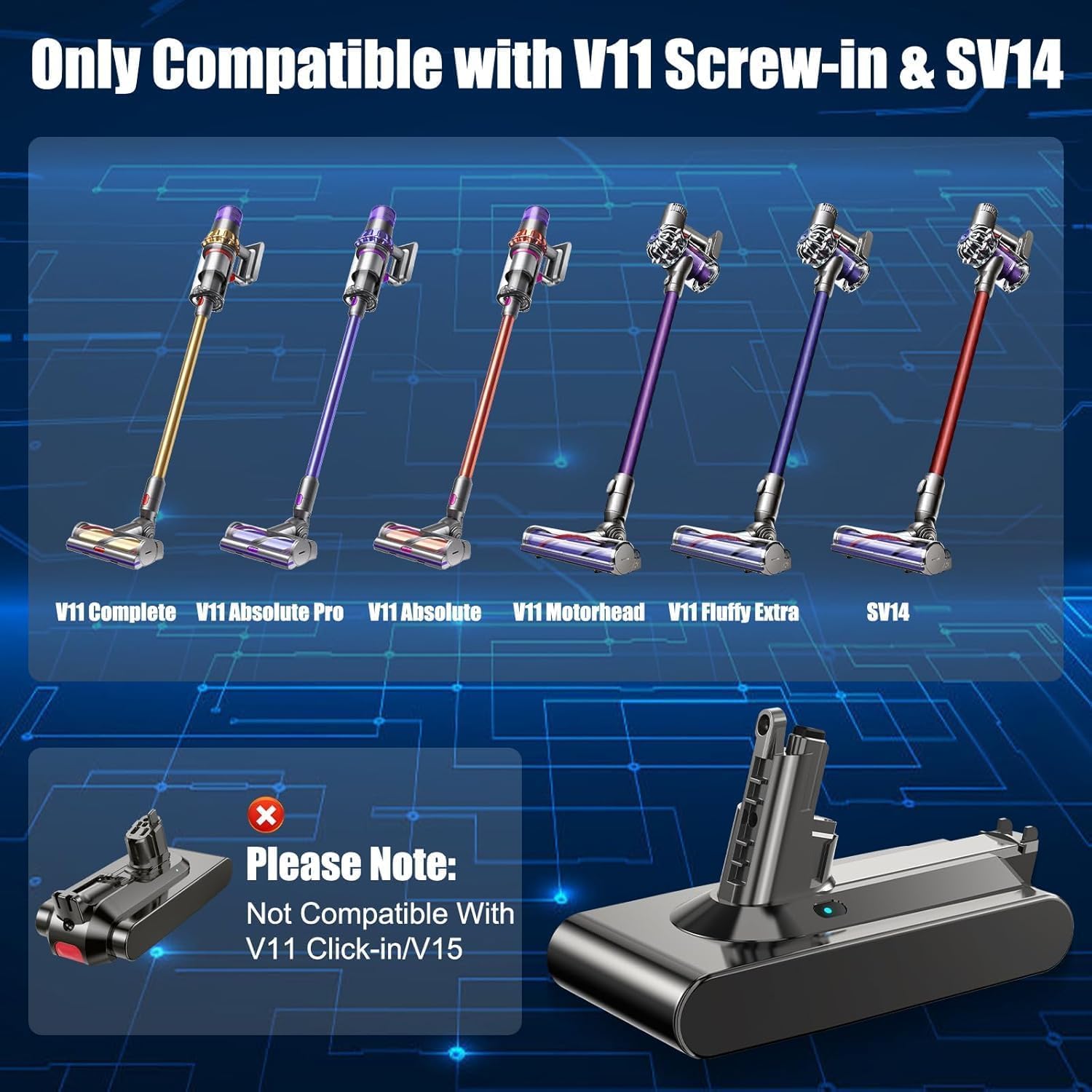 V11 Battery Replacement Compatible with Dyson V11 Screw-in Type, V11 Battery for V11 Animal Absolute Motorhead Fluffy SV14 (Not for Click-in Type)