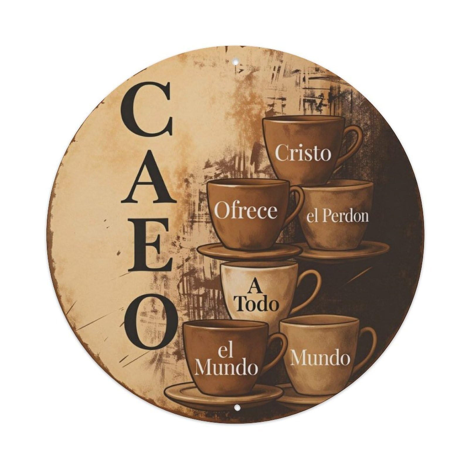 Spanish Christian Coffee Cup Inspirational Round Wall Sign Vintage Aluminium Metal Sign, Retro Wall Decor for Home, Bar, Garage & Farmhouse 20x20cm
