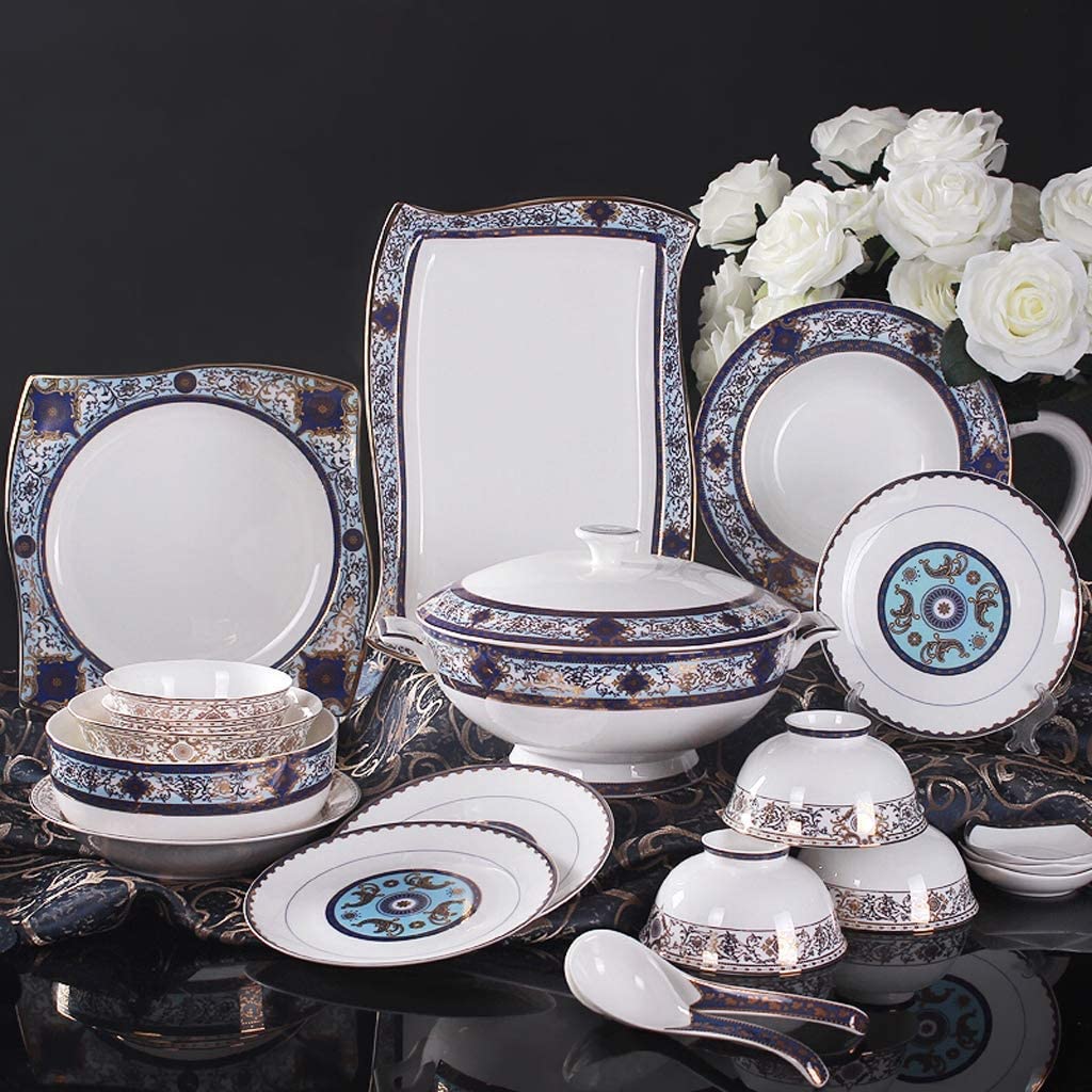 SAeWare Juego de vajilla de cerámica con 55 piezas/cuenco/olla de sopa/cuchara, vajilla de porcelana de hueso, juego de combinación de porcelana con patrón de jardín azul