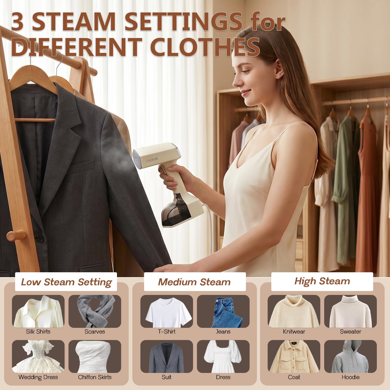 Cadrim Steamer - Ferro da stiro a vapore, 2000 W, serbatoio dell'acqua da 350 ml, portatile, con 3 livelli di vapore, ferro da stiro da viaggio per casa, ufficio, viaggi (bianco)