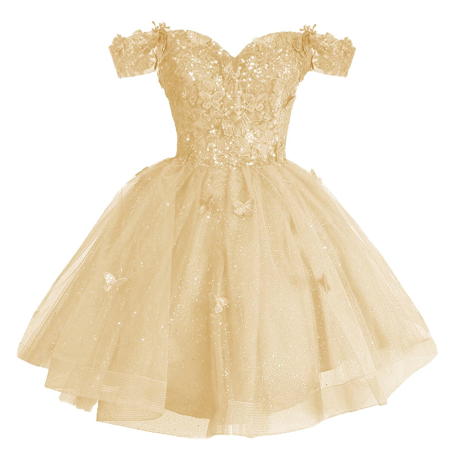 Off Shoulder Homecoming Dresses for Teens Sparkly Tulle Short Prom Dress 3D Butterfly Quinceanera Dresses Ball Gown