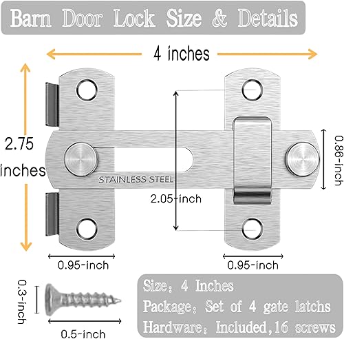 Miniatura 3 de Pestillo para puerta de granero, paquete de 4 cierres de puerta de acero inoxidable de 4 pulgadas, cierres de puerta abatibles, cierre de puerta