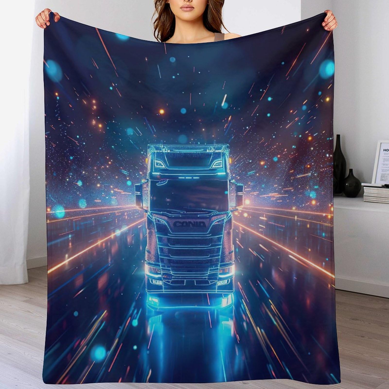 Manta de franela ligera para combatir el frio en el sofa con estampado de camiones