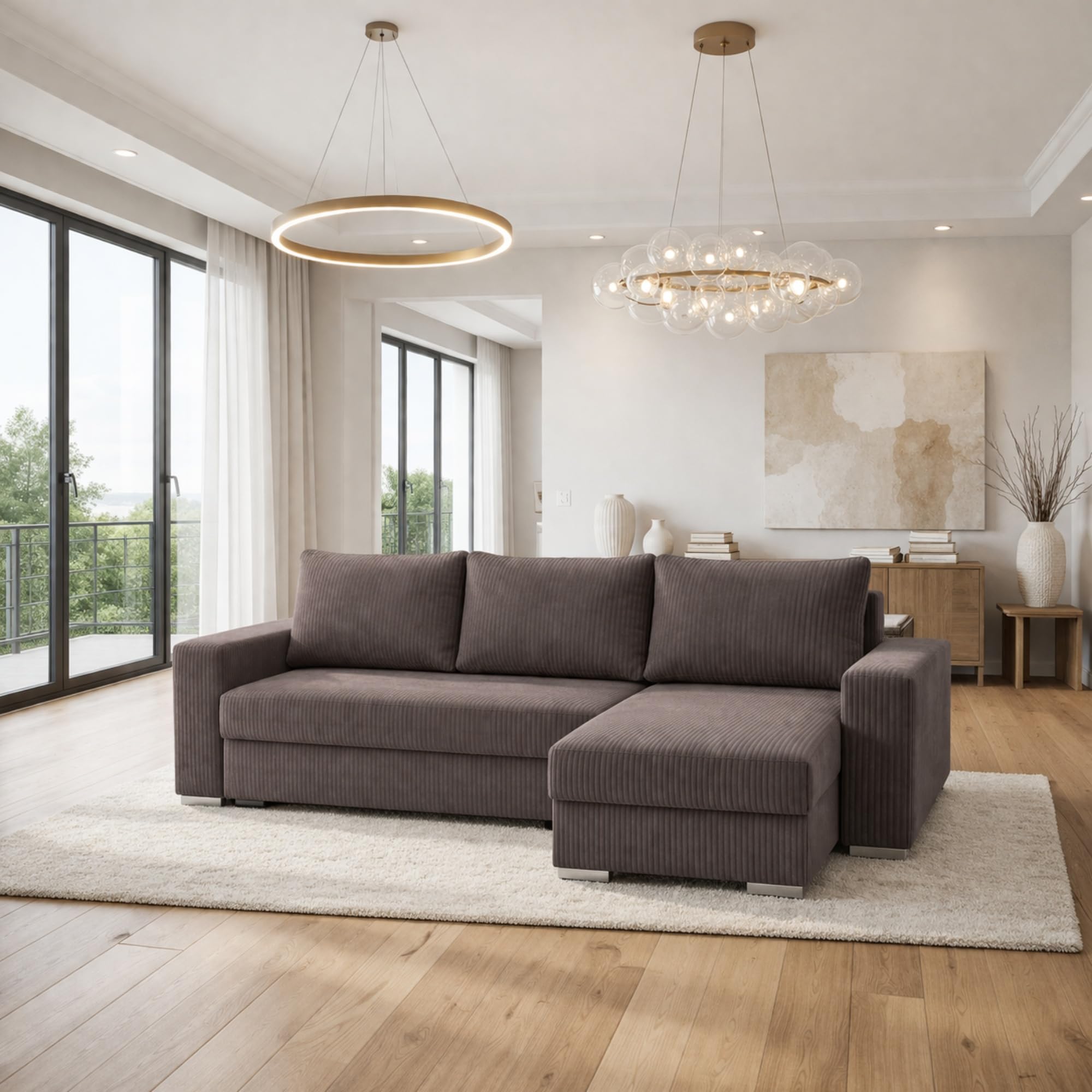 Narożnik Bravia z funkcją spania – Wolnostojący – Komfort i styl w minimalistycznej formie Automat ułatwiający rozkładnie – 235 x 140 x 90 cm – Zoom 6 (Brąz)