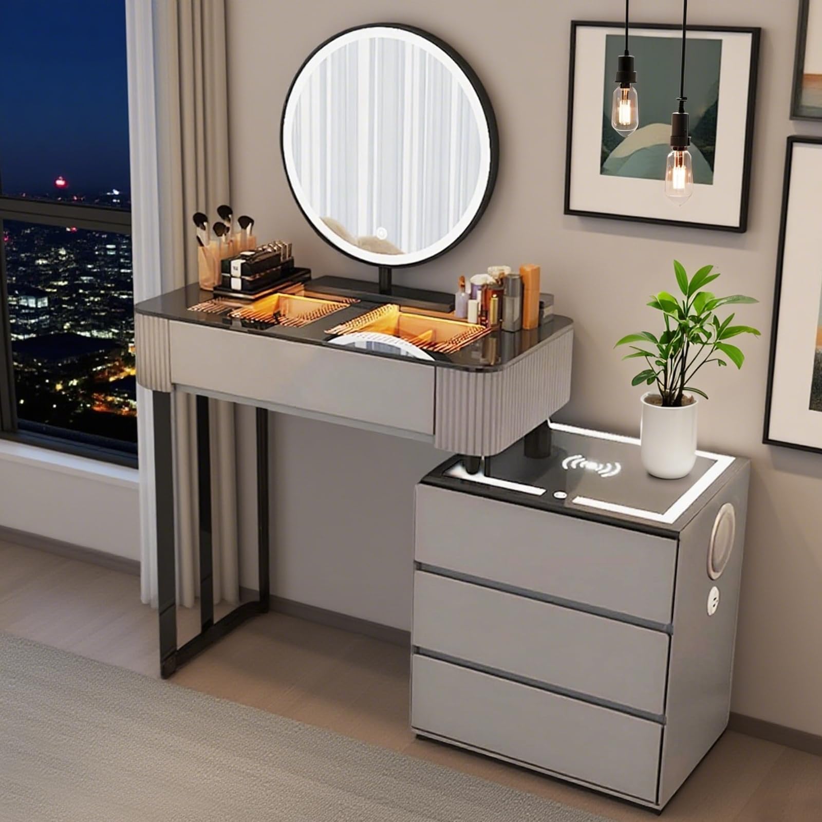 Dressing Table with 3-Colour Smart Mirror & LED Lights, Vanity Desk with Bluetooth Speaker + Wireless Charging, Make Up Table With Mirror And Chair For Daughter And Wife (Grey without chair, 80cm)