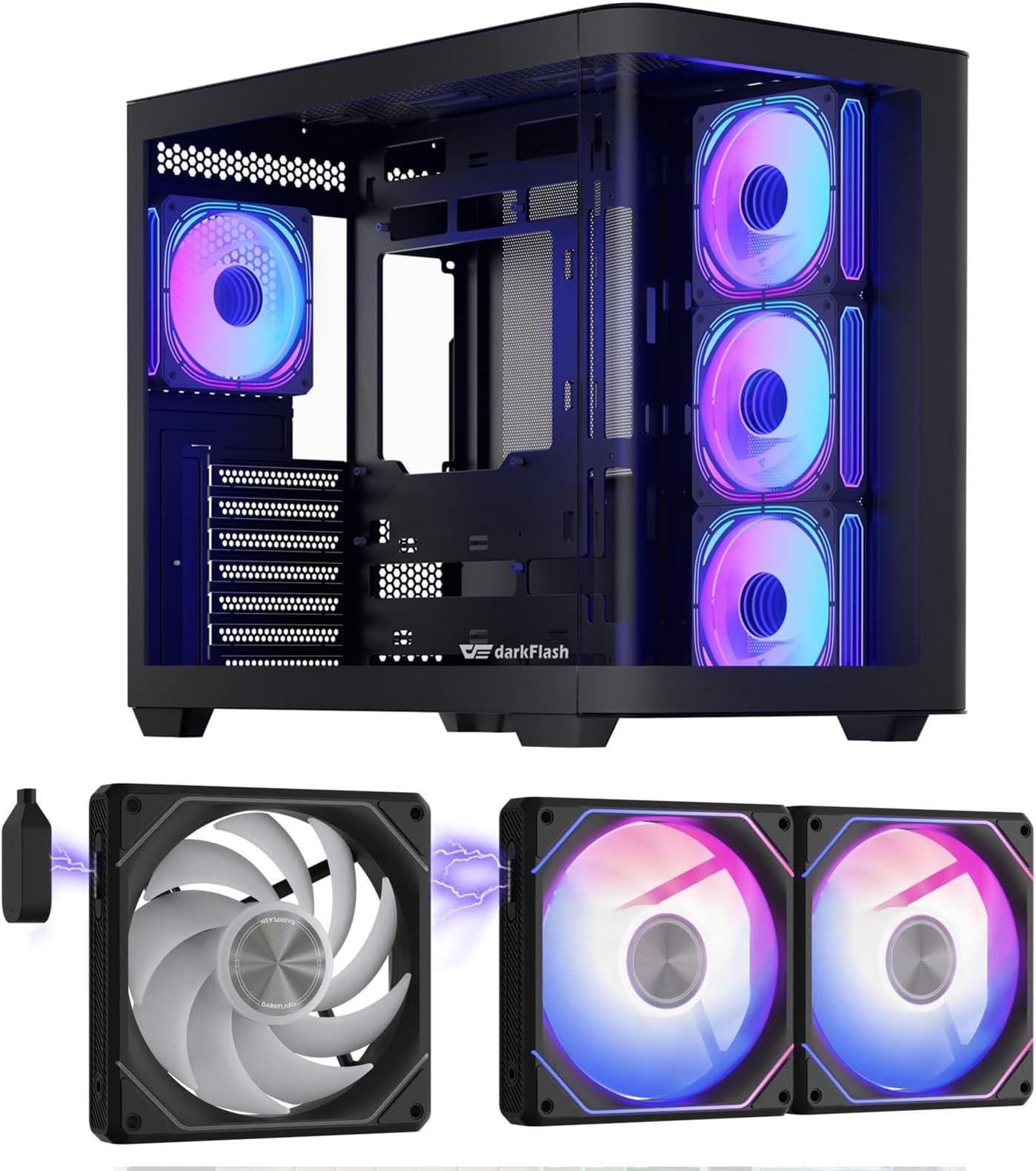 darkFlash DPW90 ATX Full View Curved Glass BTF PC Case+4 Pcs Infinity Mirror ARGB Fans & G24 3 Pack 120MM Magnetic ARGB PWM PC Case Fans(Black)