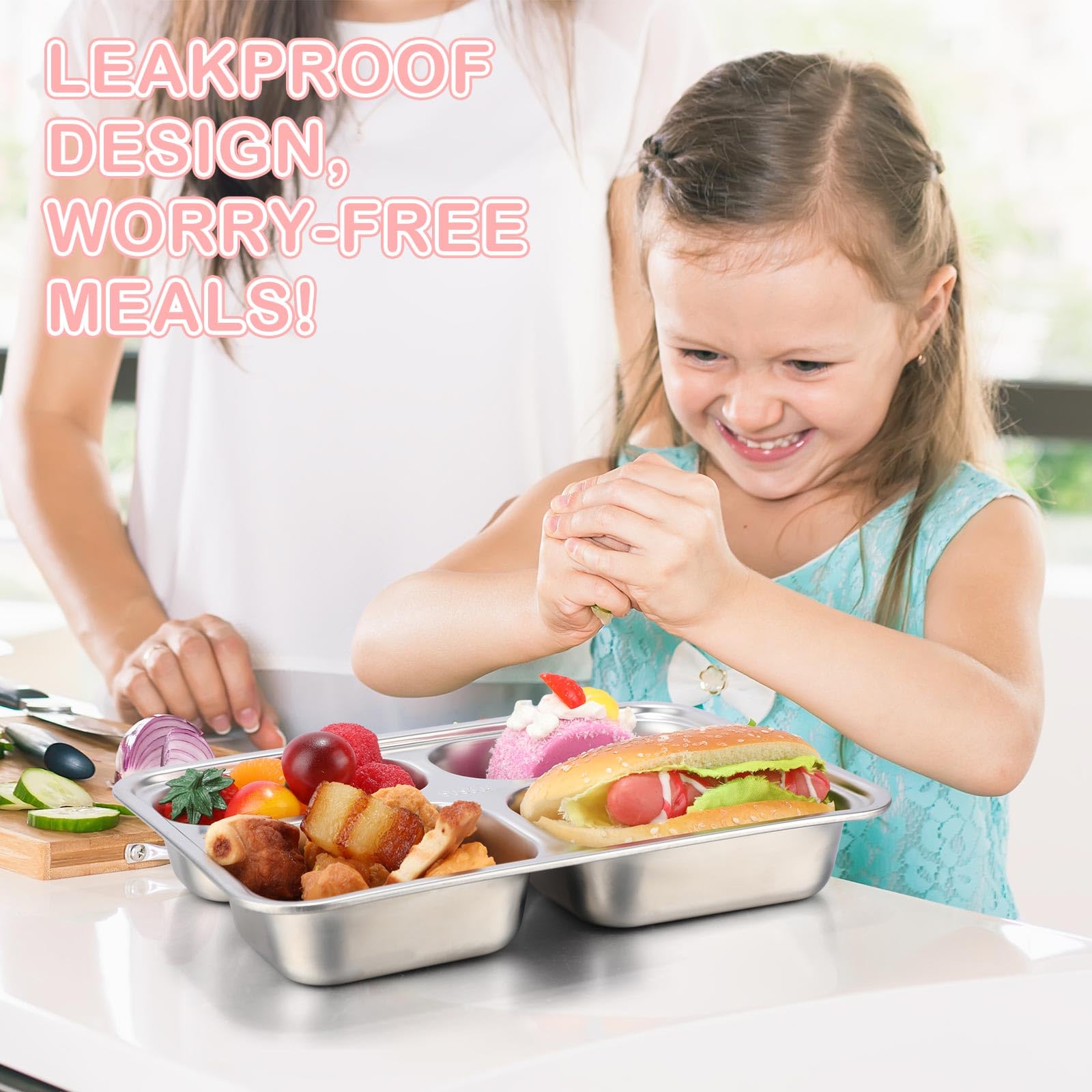 Tioncy 3 Stück auslaufsichere Edelstahl-Bento-Lunchbox, unterteilte Edelstahl-Lunchbox mit Silikondeckel, spülmaschinenfest, gefriergeeignet, Frischhaltedosen für Arbeit und Reisen
