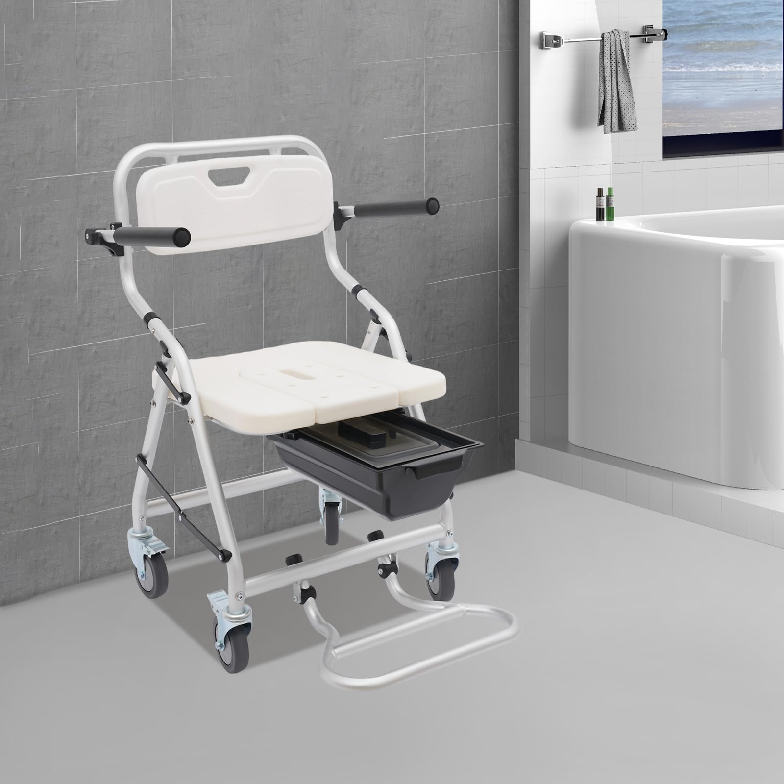 Taburete de ducha plegable de aleación de aluminio con 4 ruedas universales, silla de ducha con cubo de inodoro, silla de ducha con reposabrazos para personas mayores, discapacitados