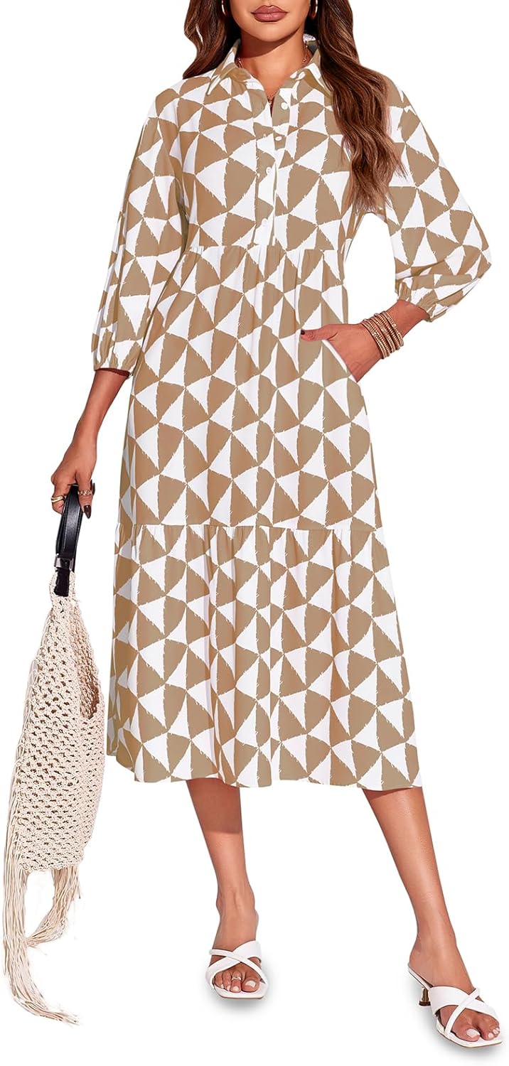 Wenrine Womens Boho Midi Dress Long Sleeve Casual Color Block Beach Button Down Shirt Dress