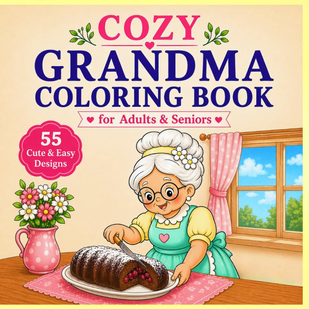 Cozy Grandma Coloring Book for Adults & Seniors: 55 Easy and Cute Coloring Pages for Relaxation, Stress Relief, Mindfulness | Large Print Simple Designs