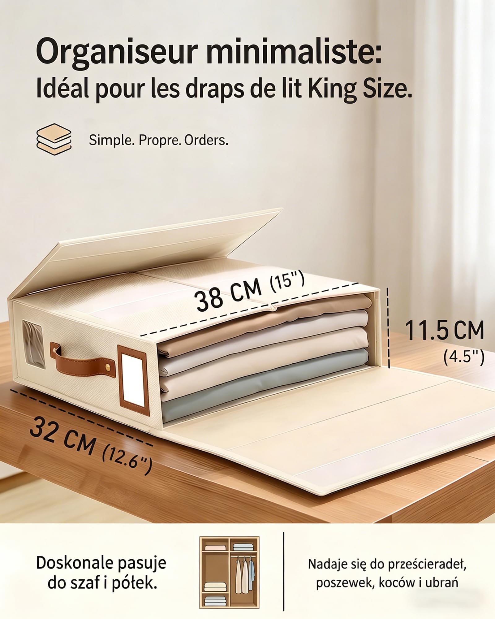 SwartLife Lot de 6 Rangement Drap de Lit en Lin - Organisateur de Linge de Maison Pliable pour Draps King Size & Couettes - Boîte de Rangement Armoire avec Fenêtre & Étiquette - Ivoire
