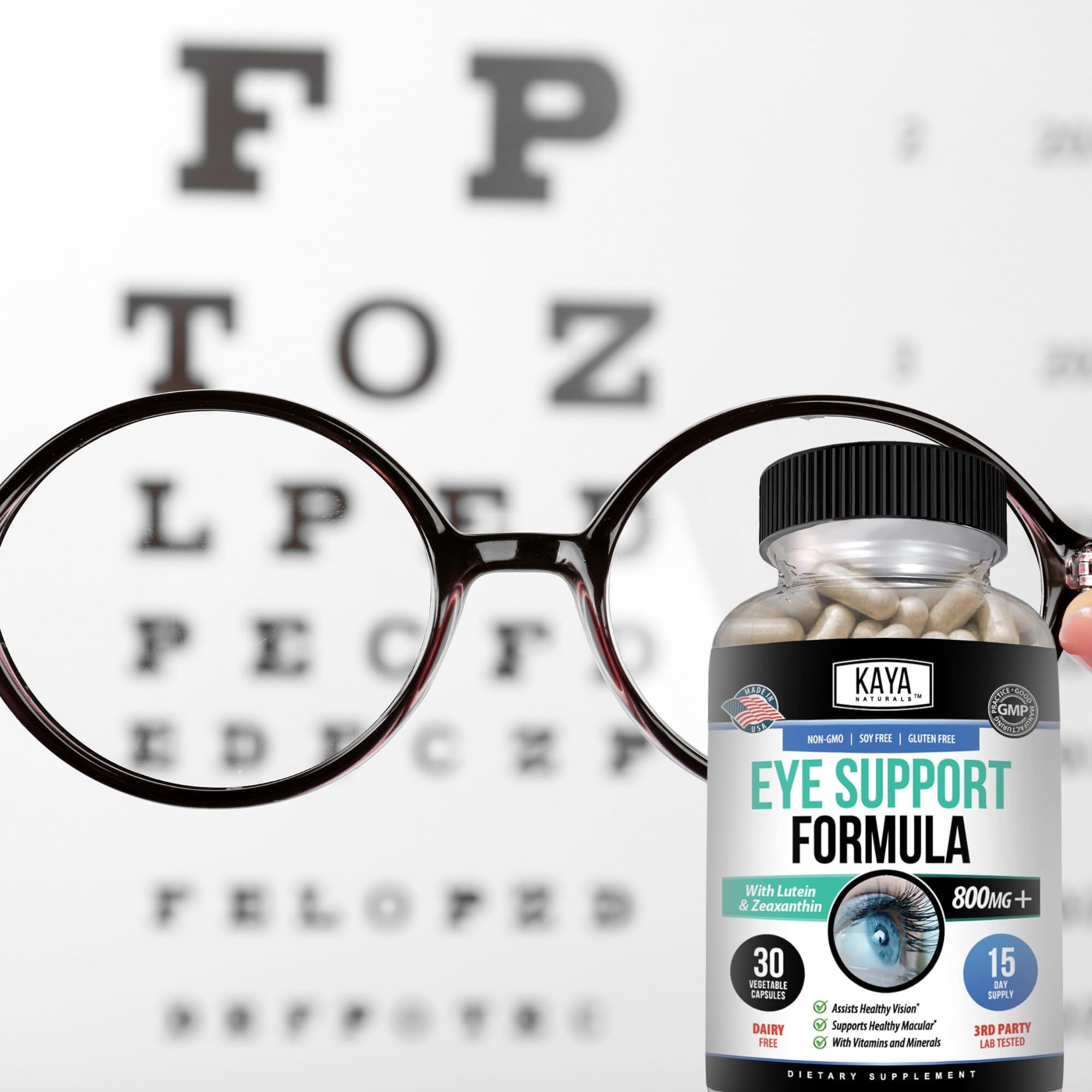 Kaya Naturals Eye Health Supplement, Lutein and Zeaxanthin, Vision Health, Eye Strain Support 800 mg Vitamin Supplement 30 Capsules