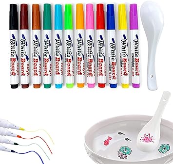 Parshya 12pcs Multicolor Magical Floating Water Marker Painting Pen with 1 Spoon for Kids.