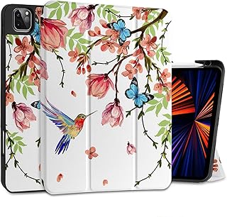 MEEgoodo for iPad Pro M2 12.9 Case 6th/5th/4th/3rd Generation 2022 2021 2020 2018 with Pencil Holder Trifold Stand Protective TPU Back Cover Support 2th Gen Pencil Charging for Kids, Birds & Flowers
