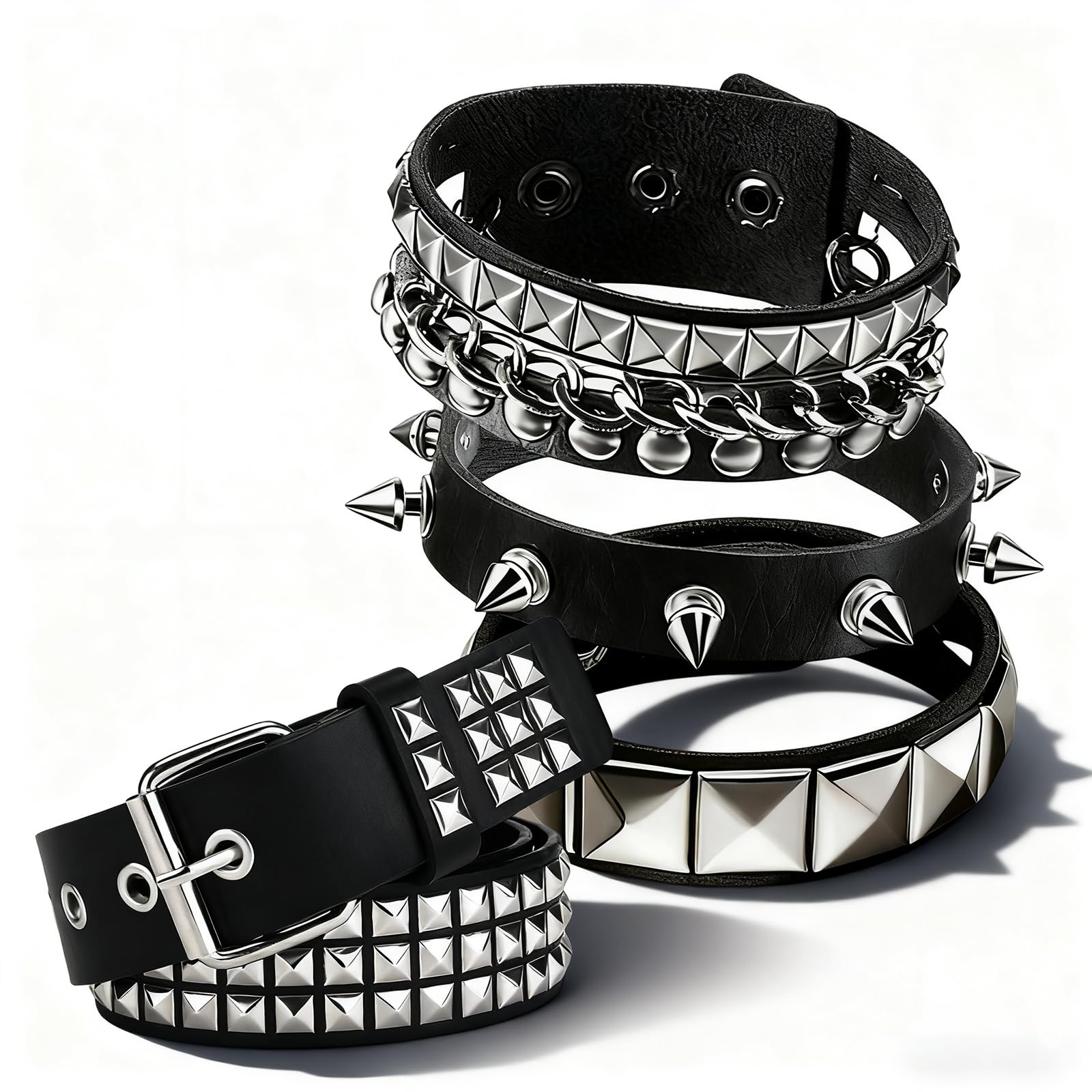Punk Accessories, 2 Pcs Black Studded Belt and Studded Bracelet Adjustable Y2K Emo Belt Spike Goth Bracelet Rock Emo Accessories for Men and Women