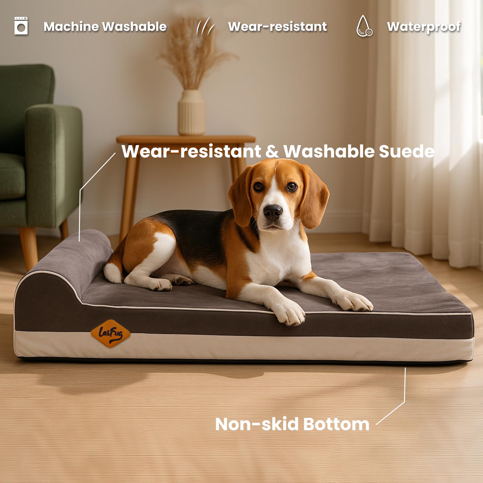 Laifug - Letto ortopedico in memory foam medio per cani con cuscino, fodera impermeabile, rimovibile e lavabile, design intelligente, 86,4 x 55,8 x 15,2 cm, grigio