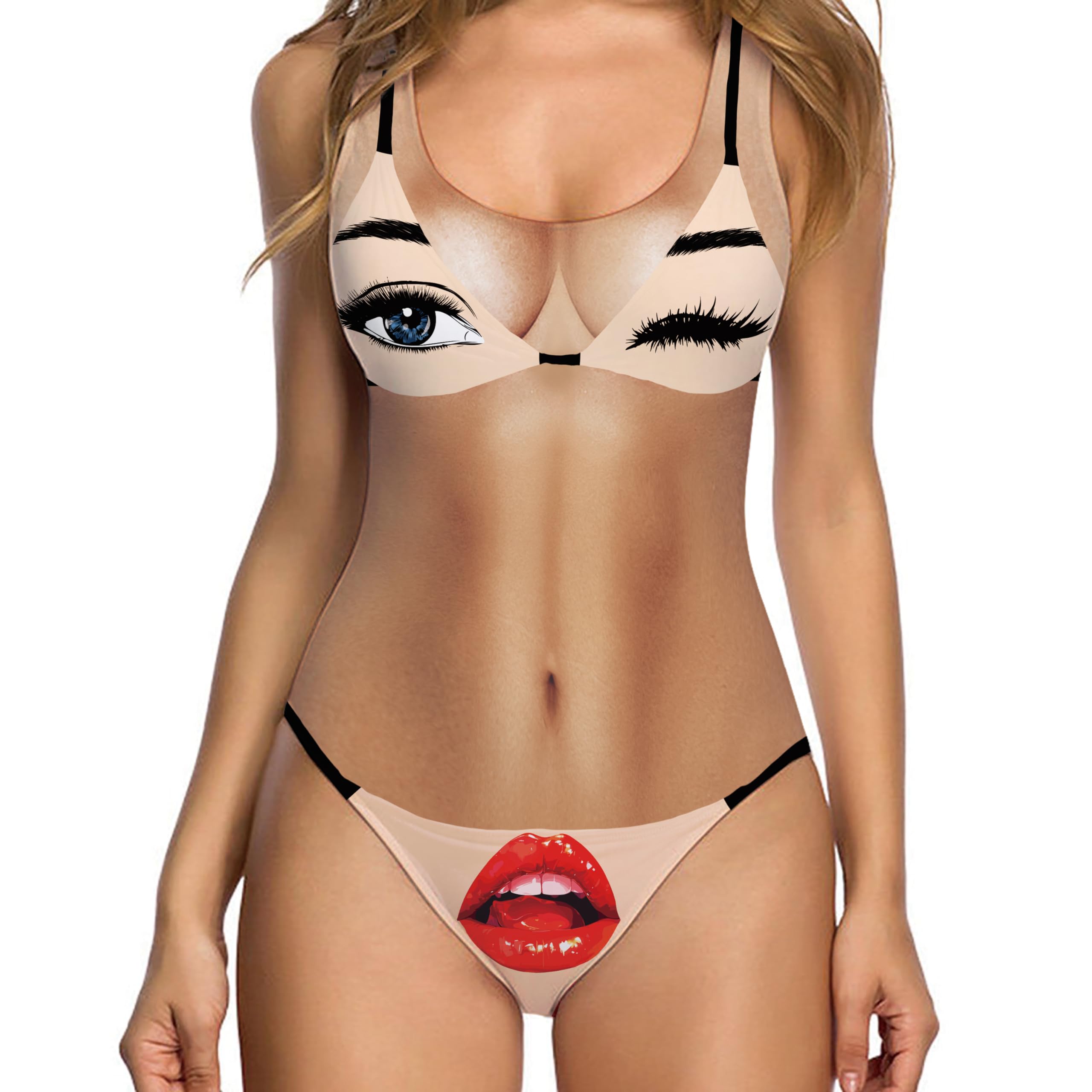 Uideazone Women Funny Swimsuit Hairy Body Chest Printed Hippie