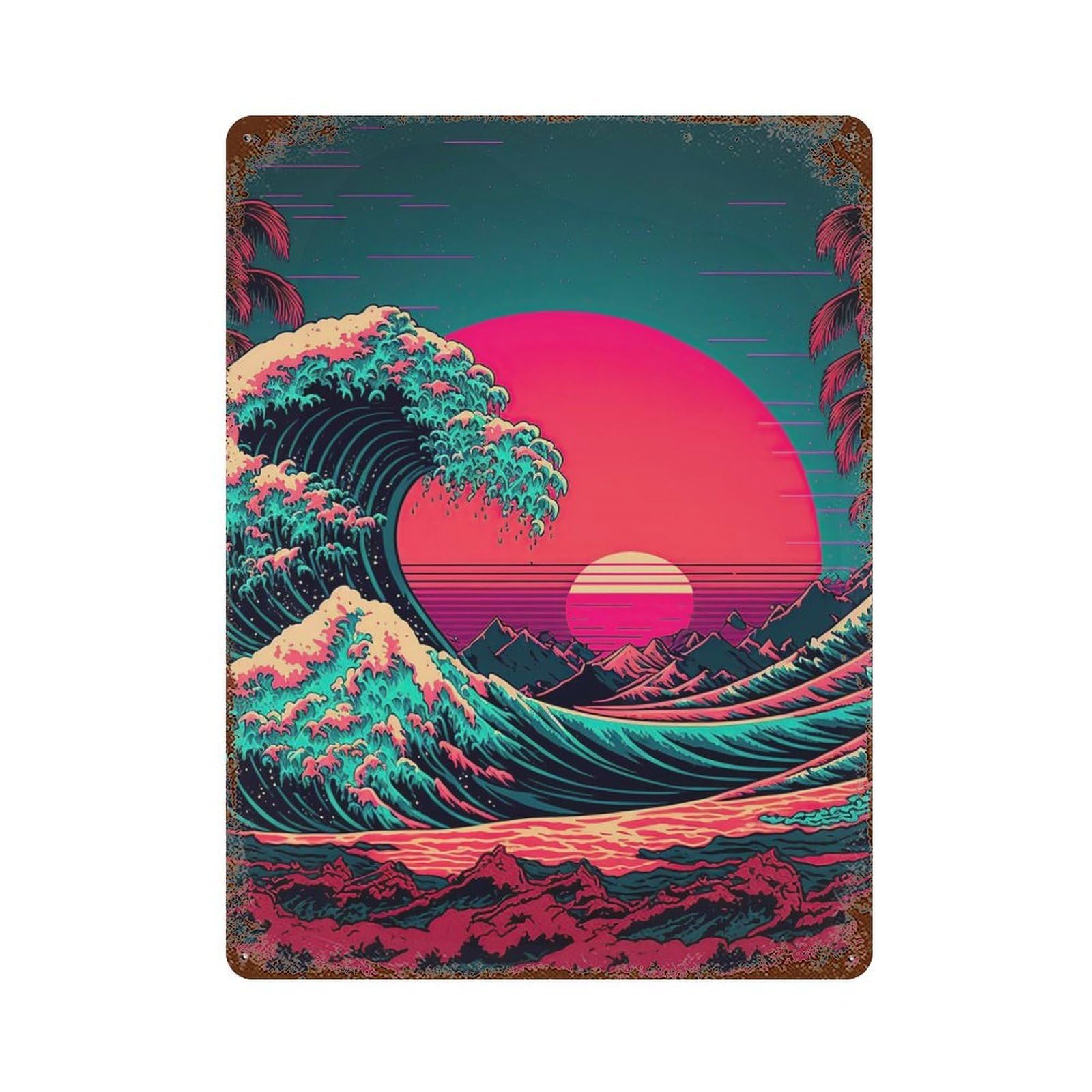 Ocean Wave Japan Aged Metal Wall Plaque 15.7"x11.8", Farmhouse Wall Decor for Office, Studio And Wall Decor