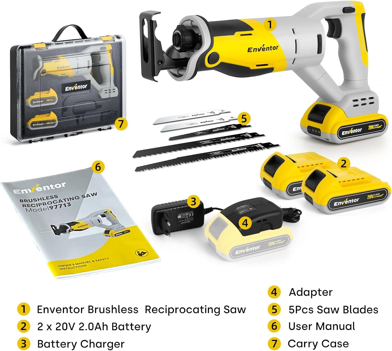Enventor 20V Brushless Sierra de Sable Batería, Sierra Alternativa Inalámbrica, 2 Baterías 2.0Ah, Velocidad Variable de 0-3000RPM, 5 Hojas de Sierra, Corta Madera, Metal, Plástic, Ramas