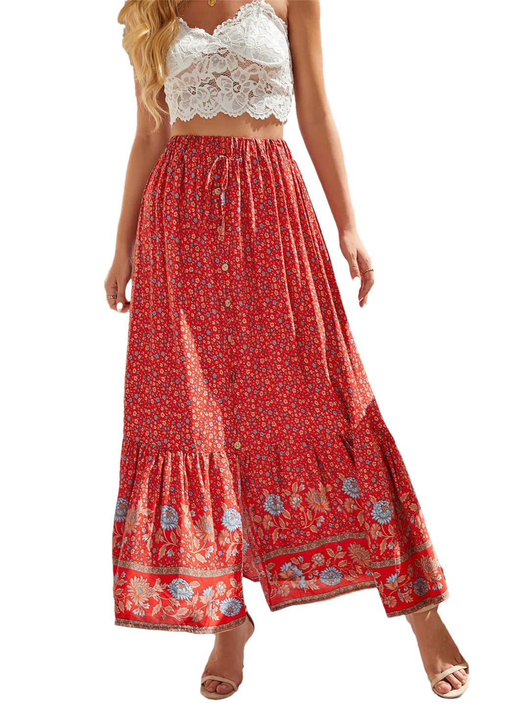 Robe longue évasée au style rétro avec imprimé floral rouge - 8