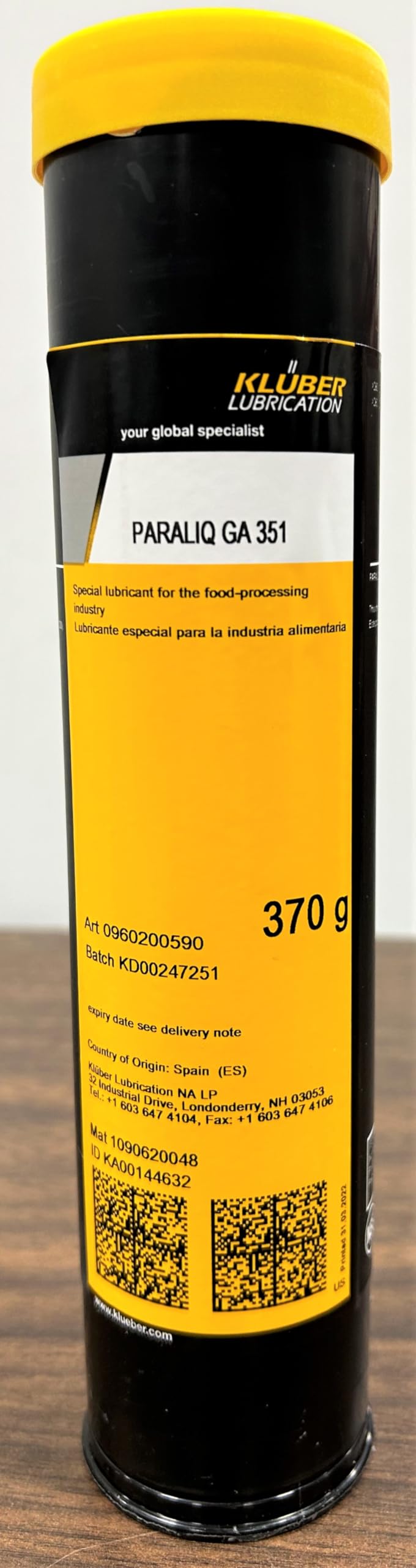 Kluber PARALIQ GA 351 Special Lubricant for The Food Processing, Brewery and Distillery Industries 370g Cartridge