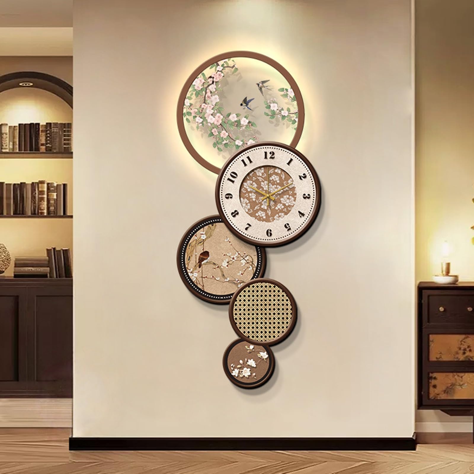 Grande orologio da parete silenzioso con pendolo, orologio decorativo 3D con luci a LED, decorazione artistica da parete in porcellana di cristallo per soggiorno e ingresso, 32 x 80 cm