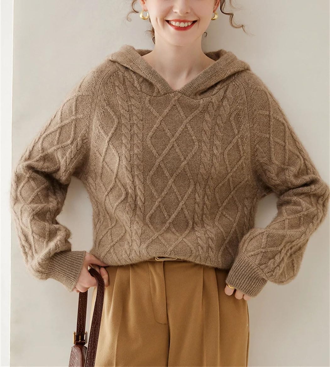 Women's 100% Cashmere Sweater Winter Thick Warm Twisted Flower Pullover Hoodies Fashion Soft Sweatshirt