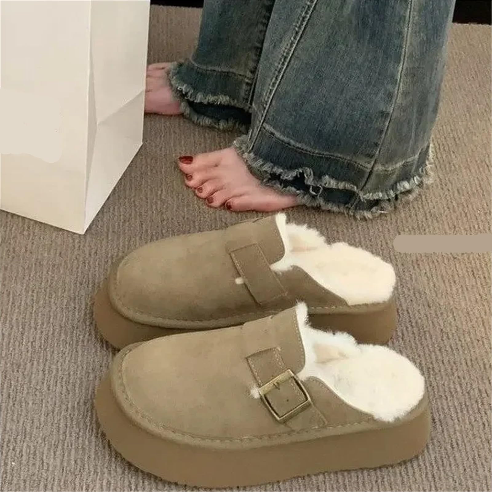 Zapatos Mujer Zuecos De Punta Redonda Calzado Femenino Zapatillas Tela Goma Invierno