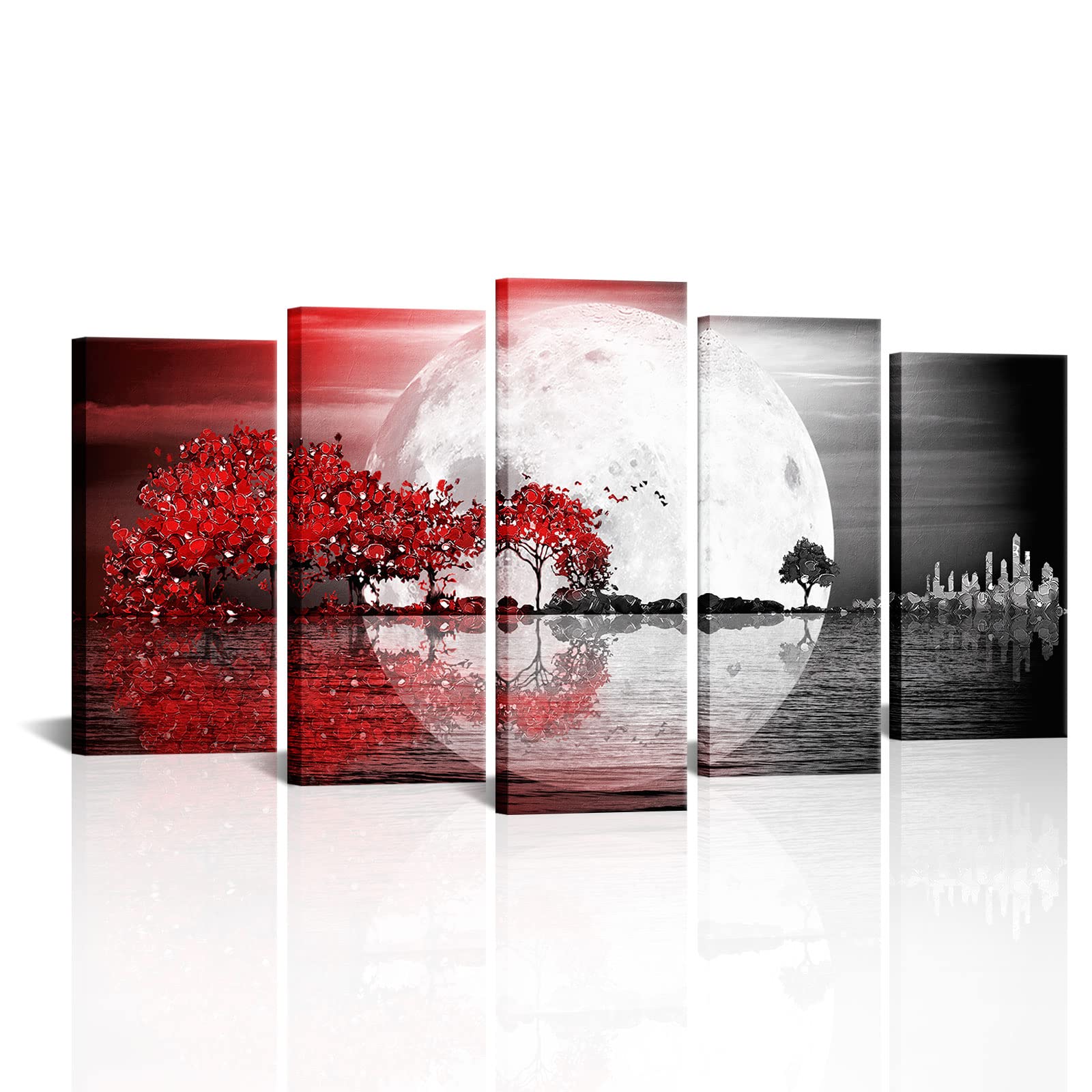 Visual Art Decor Large 5 Pieces Abstract Landscape Canvas Wall Art Black and White Full Moon Seascape Red Trees Painting Pritned on Canvas Artwork for Living Room Bedroom OfficeWall Decoration (Red, LxH-60"x32")