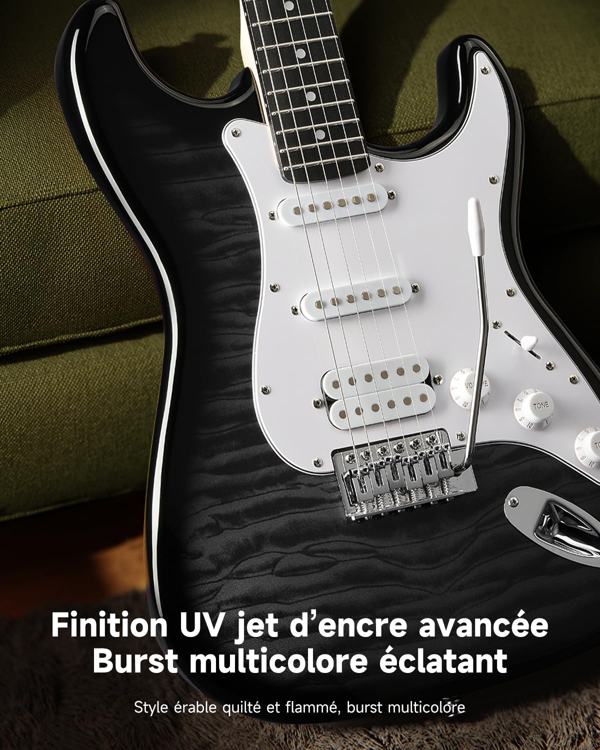 Donner DST-90 Guitare Électrique 39 Pouces, Kit Débutant Guitare Électrique avec Amplificateur, Micros HSS, Housse, Accordeur, Capodastre, Sangle, Cordes, Câble et Médiators, Black Burst