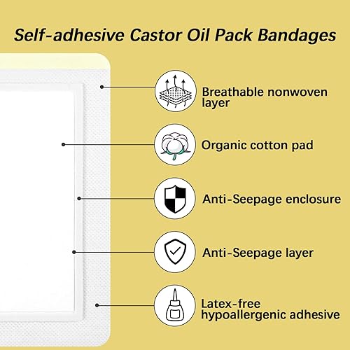Miniatura 3 de Paquete de 12 envolturas autoadhesivas de aceite de ricino con almohadilla de algodón orgánico de alta absorción para desintoxicación del hígado,