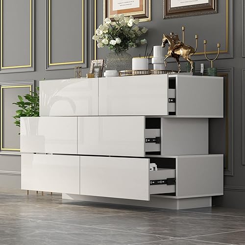 Miniatura 4 de FAMAPY Cómoda de 6 cajones de alto brillo, cómoda brillante moderna y contemporánea para dormitorio, color blanco, 46.1 pulgadas de ancho x 15.7