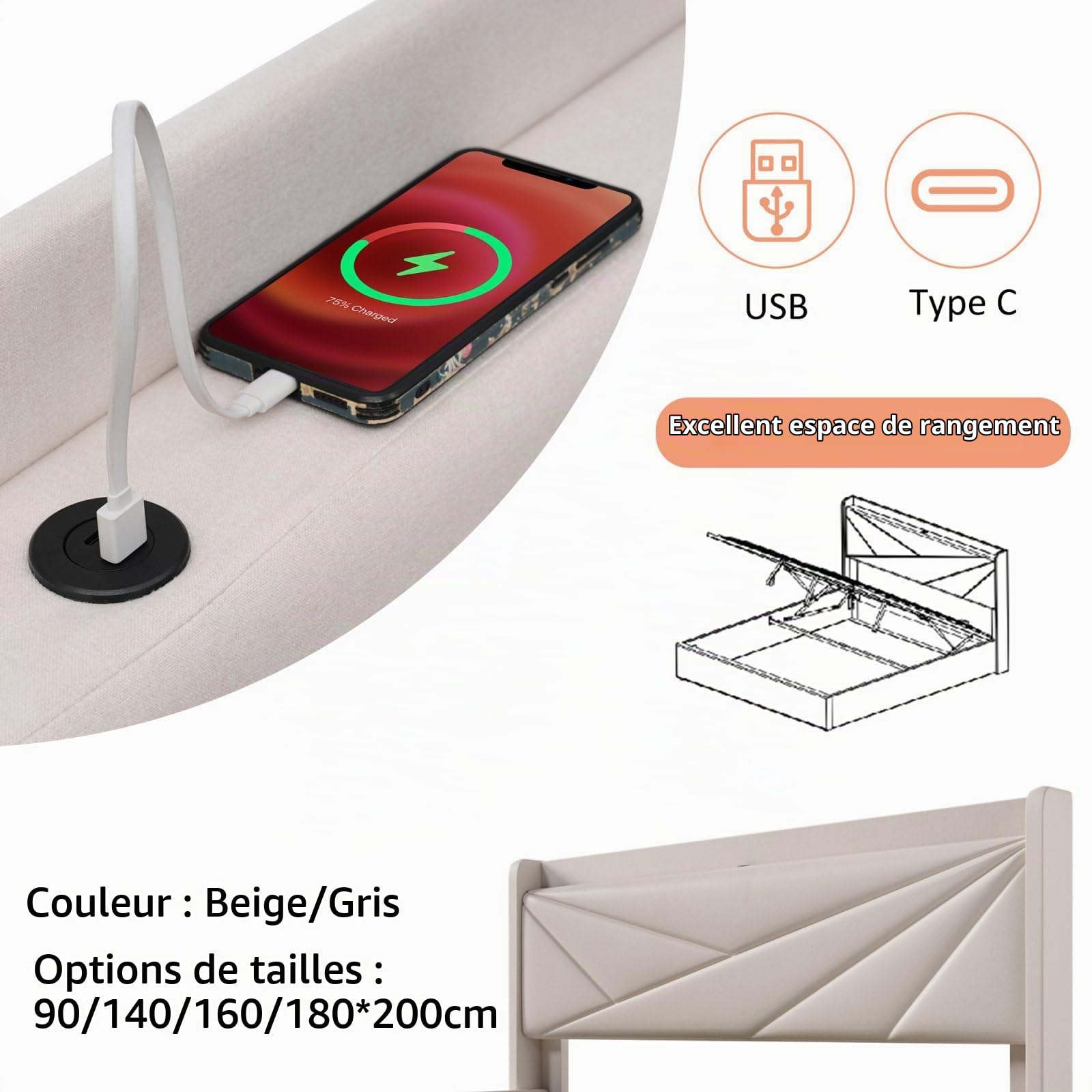 KOMHTOM Lit Simple Rembourré avec Rangement sous Lit, Lit Plateforme Capitonné avec Tête de Lit, Cadre de Lit, Sommier à Lattes en Bois, Beige(sans Matelas) (90x200CM)