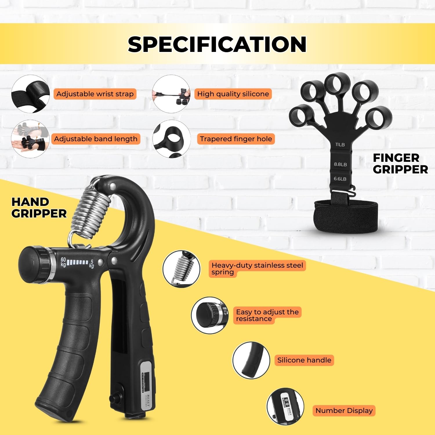 Xyno Adjustable Hand & Finger Gripper Combo with Counter | Resistance Grip Strength Trainer & Finger Exerciser | Forearm, Wrist & Hand Workout Tool for Men & Women | Home Gym Fitness Equipment 3