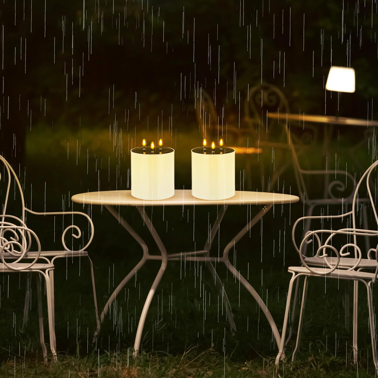Rossesay 3 Pack Solar Large Flameless Candles with 3 Wicks, 5. 9 x 5. 9 Waterproof Outdoor LED Pillar Candles, Battery Operated Jumbo Flickering Candlestick for Home Patio Church Lanterns, Ivory