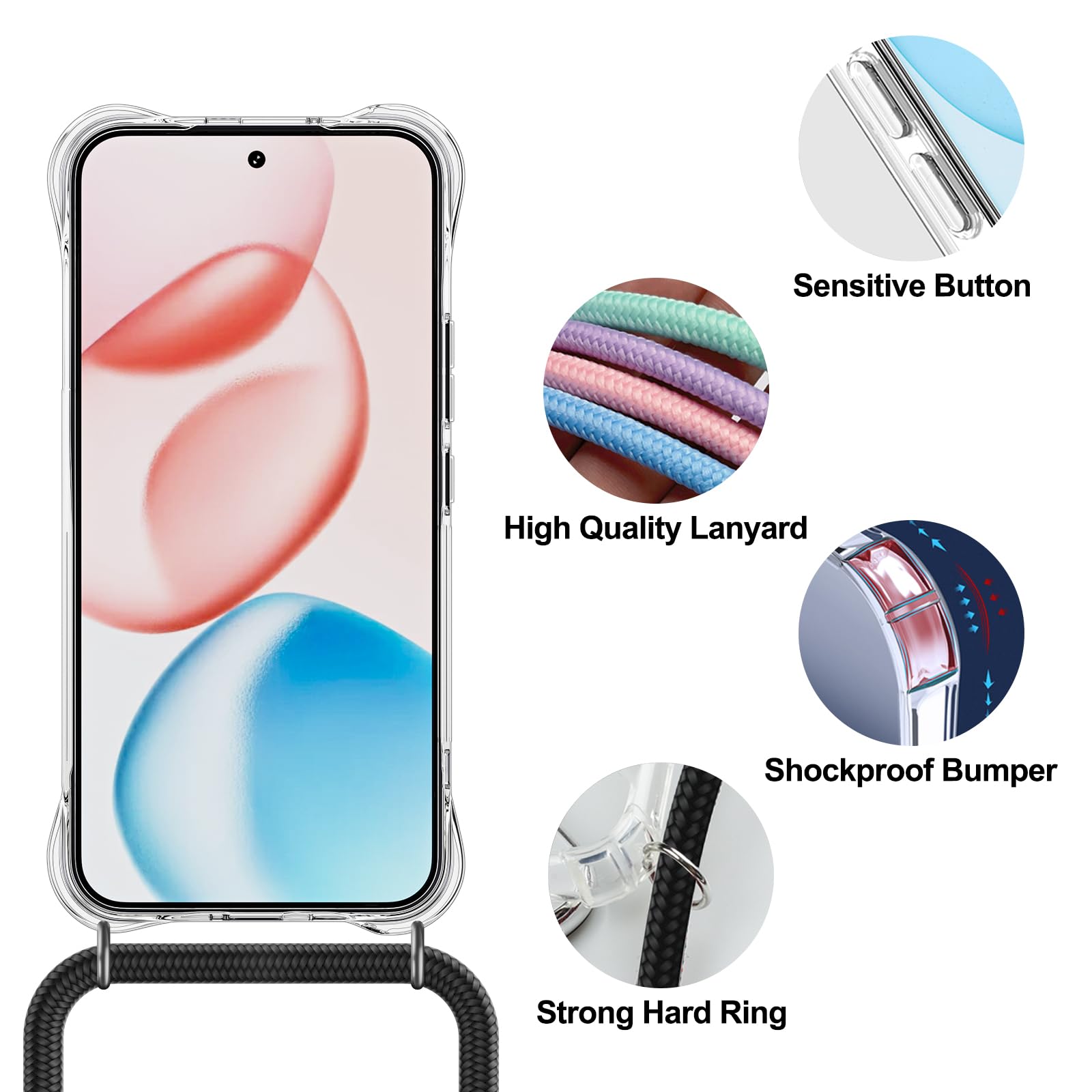 Cover Cordino Compatibile con Honor 400, Trasparente TPU Morbido Chiaro Silicone Laccio, Nero
