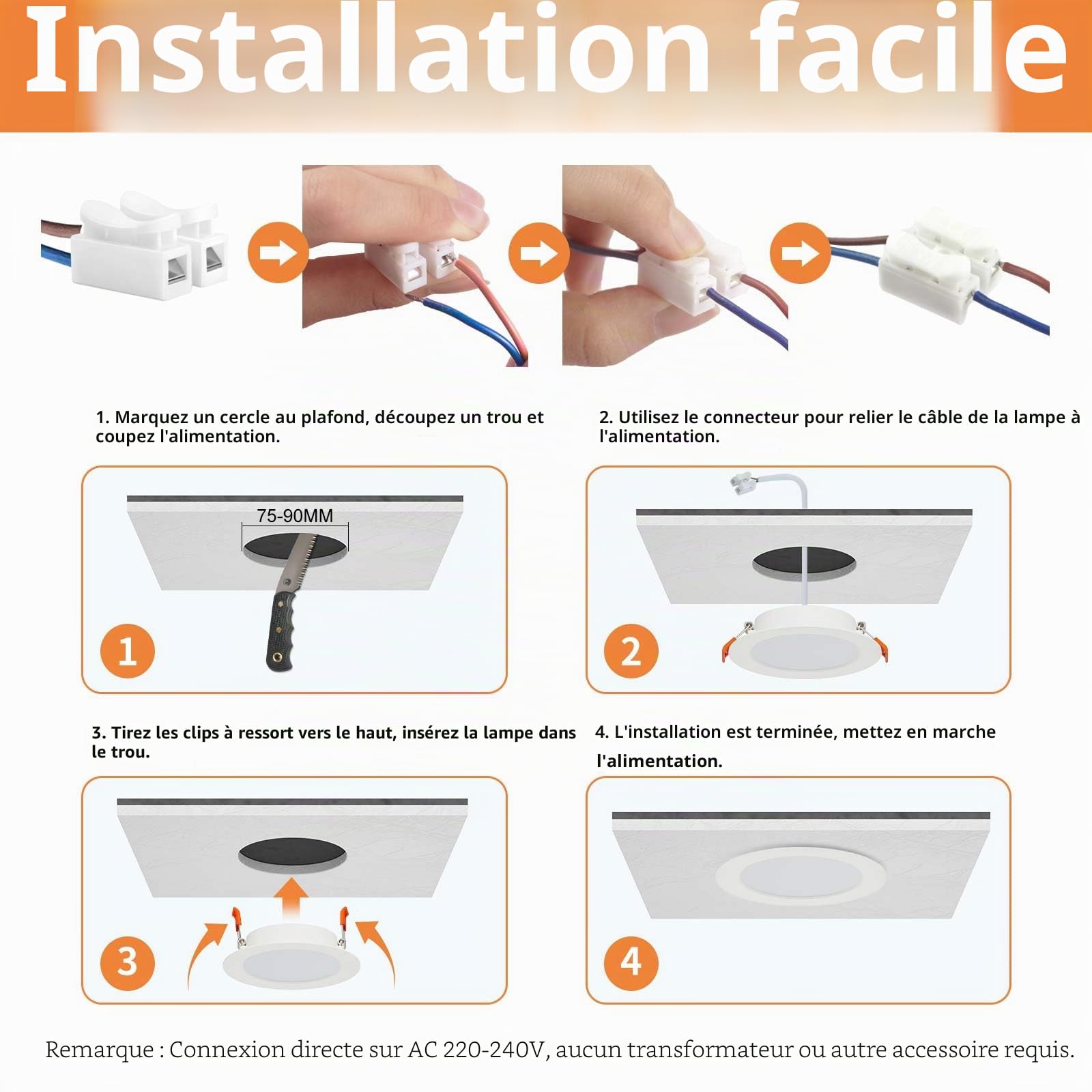Tomosu Spot LED Encastrable Extra Plat, 5W 450LM Equivalent 50W Incandescence, IP44 Spot Etanche Salle de bain, Blanc Neutre 4000K, Trou Φ75-90mm, AC220-240V, Lot de 10