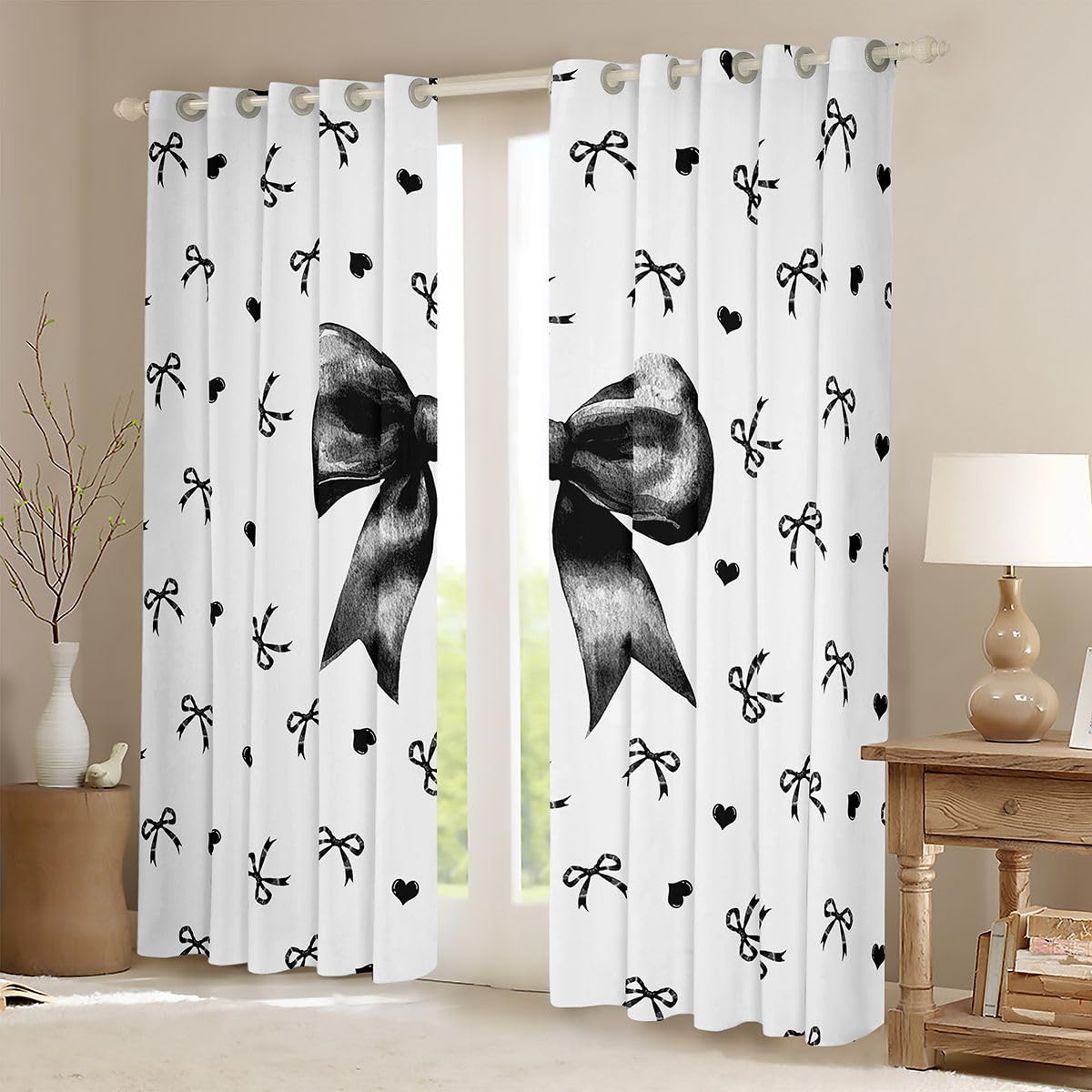 Homewish Czarna muszka, zasłony okienne, 117 x 183 cm, 2 zestawy paneli – , czarne kokardki, zasłony zaciemniające, wstążka księżniczki, muszka, dekoracje okienne, szykowna kokarda do sypialni