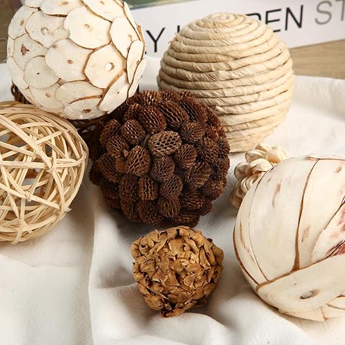 Miniatura 7 de Bolas decorativas de otoño para decoración del hogar, juego de 6 bolas de mimbre de ratán de tono natural para decoración del hogar, centros de