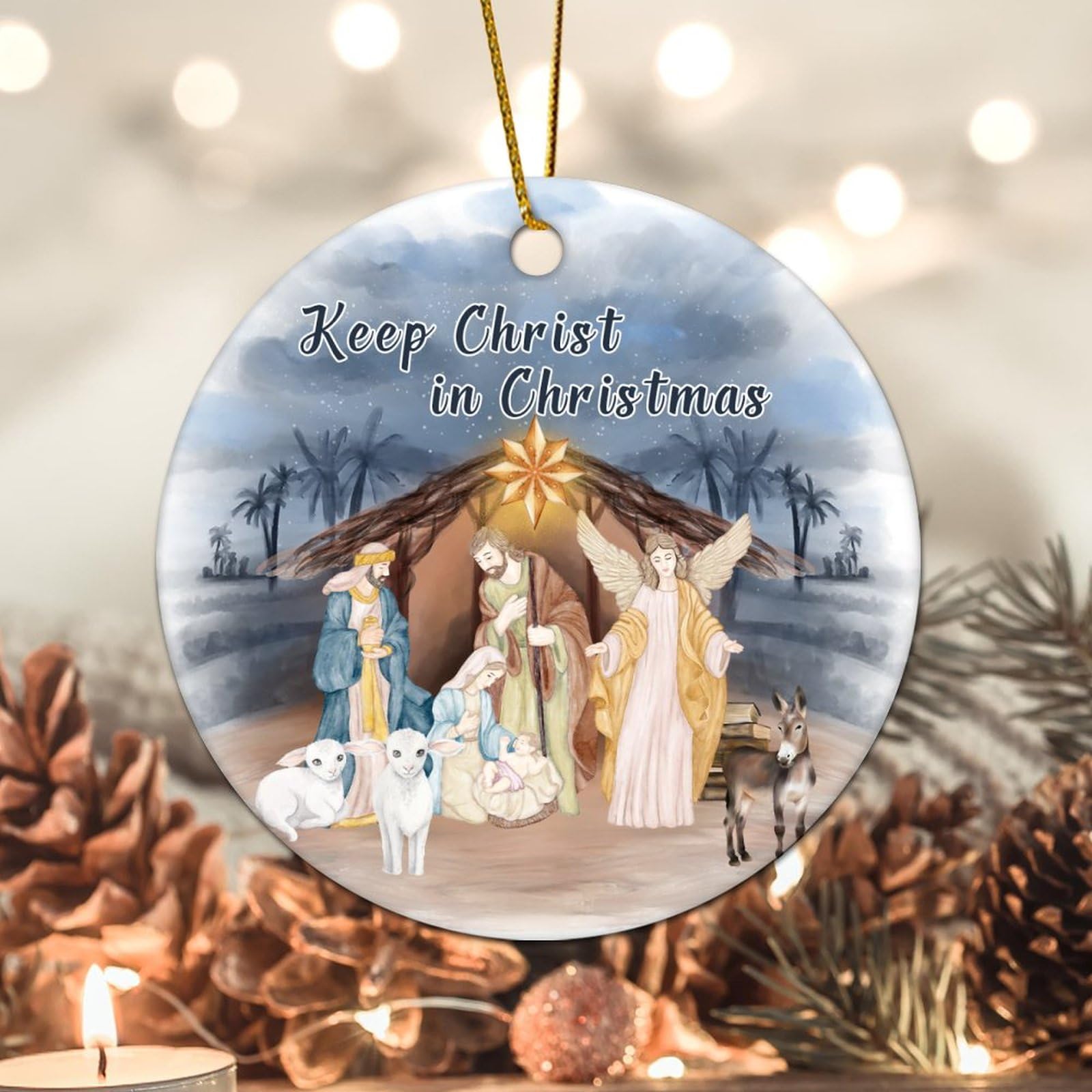 Evans1nism Christmas Ornament Nativity Scenes Holiday Keepsake Keep Christ In Christmas Baby Jesus Two Side Printed Religious Manger Ornament Christmas Tree Decor For Couple Xmas 3.2 Inch