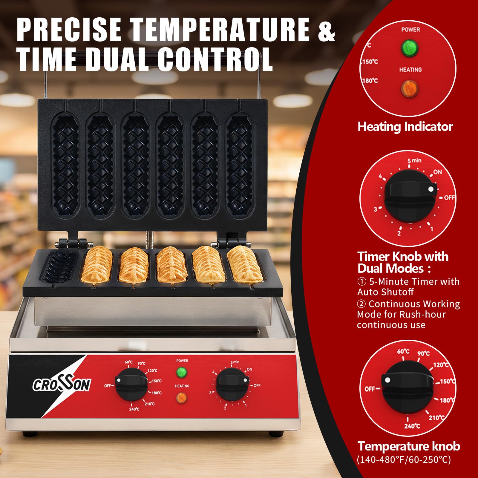 CROSSON Machine à Gaufres Pour Corn Dogs Commerciale,6 Pièces Gaufrier professionnel en acier inoxydable avec Revêtement Anti-Adhésif Contrôle de la Température et du Temps,1600W