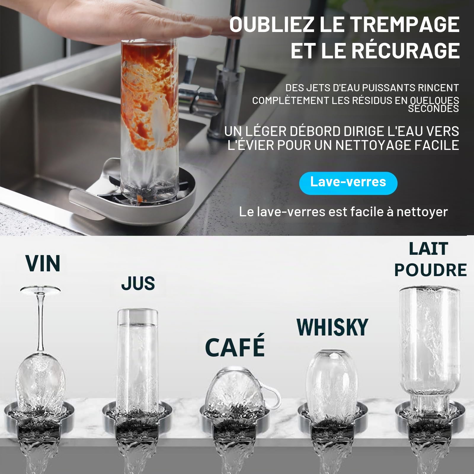 Rince Verre Evier - Glass Rincer Lave Bouteille Lave Gobelet Automatique avec Matériau en Acier Inoxydable Massif, Lave Verre Evier Rince Verre pour Bar et Cuisine (Coussinets 6 pattes)