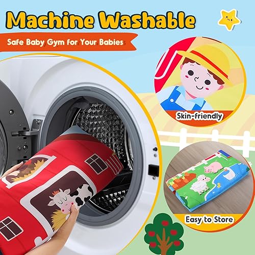 Farm Animal Baby Gym Play Mat, 9-in-1 Tummy Time Mat with 7 Baby Toys, Washable Baby Activity Mat for Visual, Sensory, Motor Development, Newborn Baby Toys Gift for Toddler 0-3-4-6-9-12 Months(Farm)
