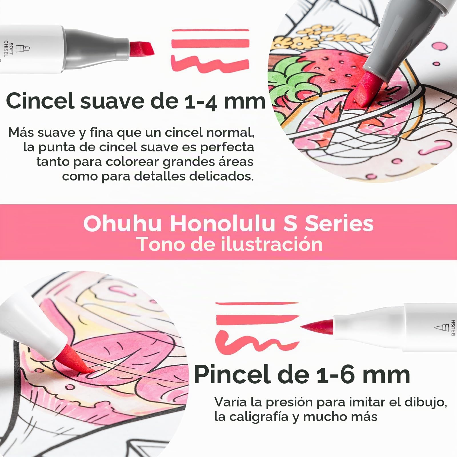 Ohuhu Markers, 60+1 pincel para tono de piel y cincel suave, puntas de doble punta, mezcla sin costuras, tinta recargable, rotuladores de alcohol punta de pincel para artistas adultos - Honolulu S