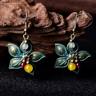 Blommor Vintage Kopparörhängen, Original Handgjorda Aventurin Dangle Örhängen, Nya Naturstenar Etniska örhängen (Color : H)