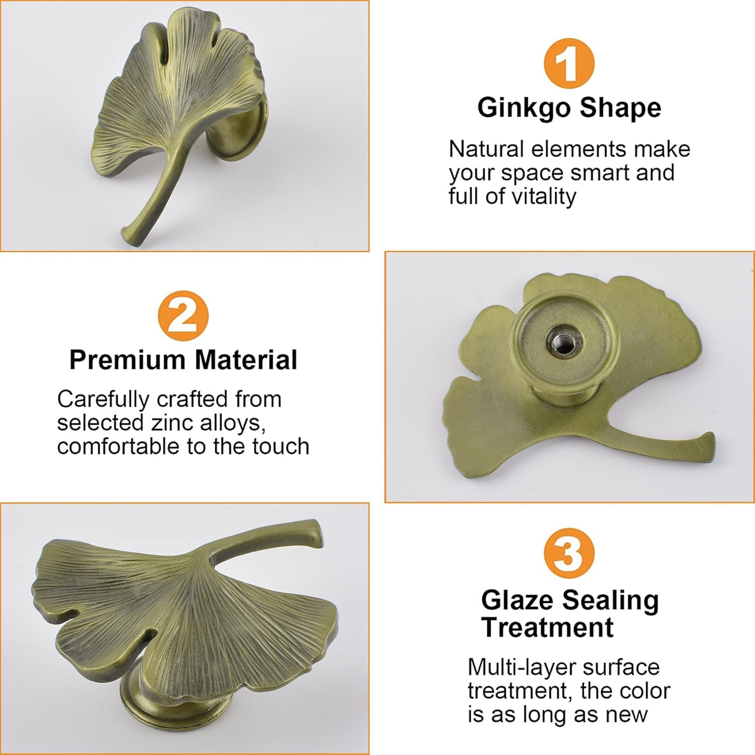 MOROBOR 6PCS Ginkgo Cupboard Knobs, Solid Metal Drawer Pulls, Creative Decorate Pulls for Wardrobe Cupboard Drawer Bookcase Furniture, Classic Cabinet Hardware, Bronze