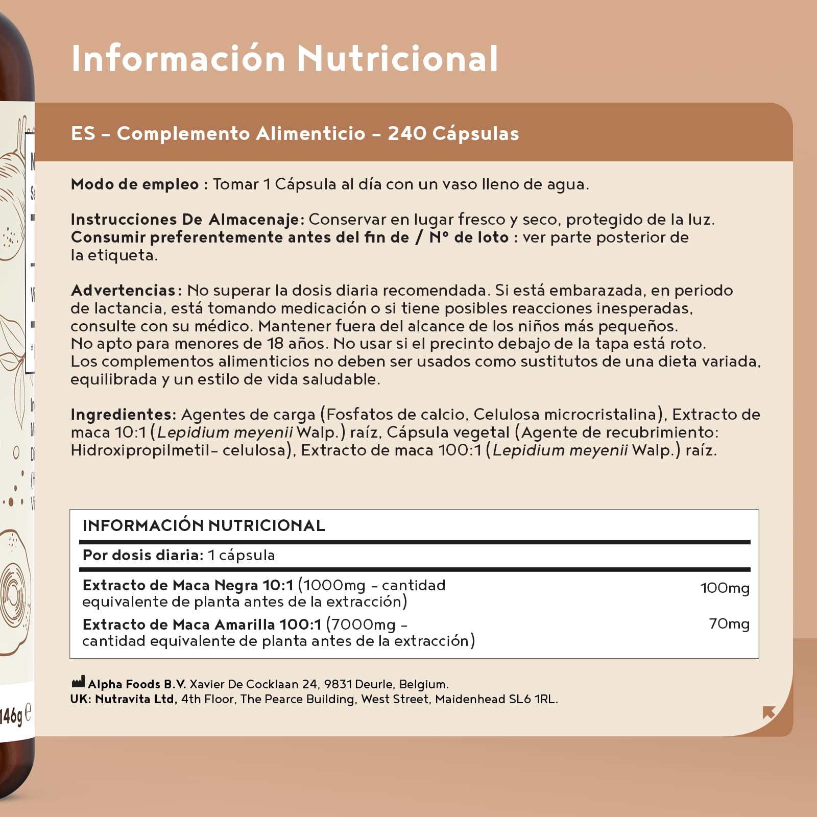 Raíz de Maca Negra Peruana Pura 8000mg | 240 Capsulas Veganas | Extracto 10:1 Maca Root Andina Black y Amarilla | para 8 Meses de Suministro | Sin Aditivos | Alpha Foods